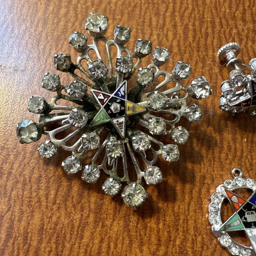 Diamond Rhinestones Order o/t Eastern Star Vintage Brooch, Pendants, Earrings